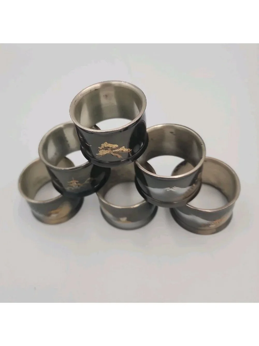 Vintage MCM Japanese Lacquer Pagoda Napkin Rings Set  6 hand painted gold Metal